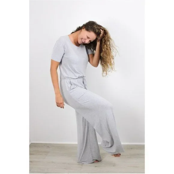 Wide Leg Short Sleeve Jumpsuit - Light Grey - Picture 1 of 5